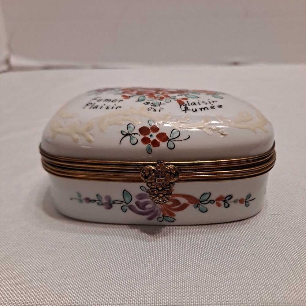 Porcelain Trinket Box Hand-painted Floral Made In France 4" x 2" x 3"